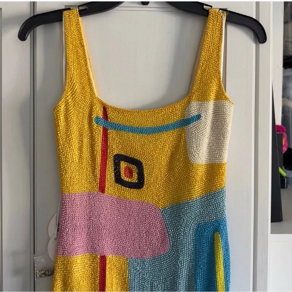 Staud Le Sable Square-Neck Beaded Mini Dress in Daffodil Dream Size XS - Picture 5 of 12